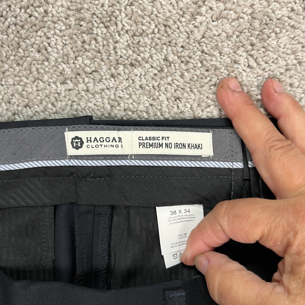 Haggar Premium No Iron Khaki Pants Men 38x34 Black Stretch Waistband Classic Fit - Picture 10 of 15
